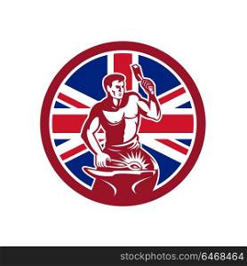 Icon retro style illustration of a British blacksmith or farrier holding hammer and anvil with United Kingdom UK, Great Britain Union Jack flag set inside circle on isolated background.. British Blacksmith Union Jack Flag Icon