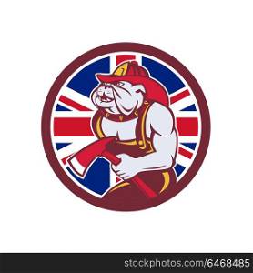 Icon retro style illustration of a British Bulldog fireman or firefighter holding fire axe with United Kingdom UK, Great Britain Union Jack flag set inside circle on isolated background.. British Bulldog Fireman Union Jack Flag Icon
