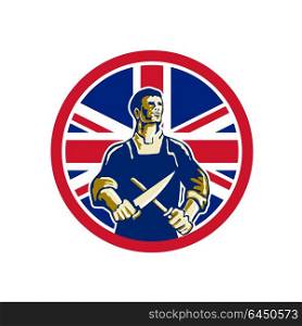 Icon retro style illustration of a British butcher sharpening knife viewed from front with United Kingdom UK, Great Britain Union Jack flag set inside circle on isolated background.. British Butcher Union Jack Flag Icon