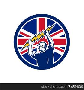 Icon retro style illustration of a British electrician or power lineman holding lightning bolt with United Kingdom UK, Great Britain Union Jack flag set inside circle on isolated background.. British Electrician Union Jack Flag icon