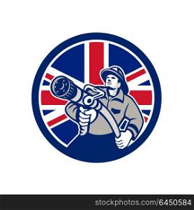 Icon retro style illustration of a British firefighter or fireman holding a fire hose front view with United Kingdom UK, Great Britain Union Jack flag set inside circle on isolated background.. British Firefighter Union Jack Flag Icon