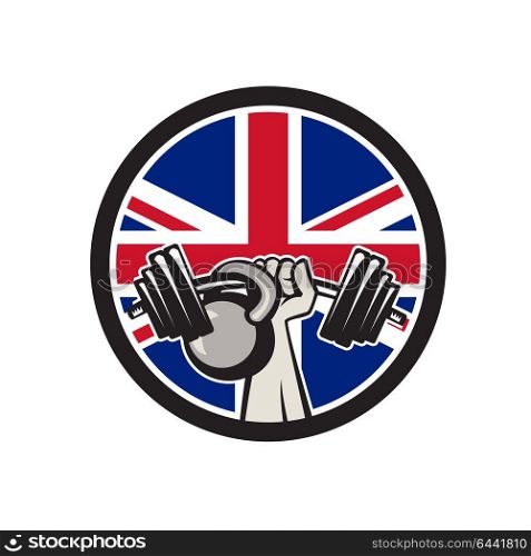 Icon retro style illustration of a British hand lifting a barbell and kettlebell with United Kingdom UK, Great Britain Union Jack flag set inside circle on isolated background.. British Hand Lift Barbell Kettlebell Union Jack Flag Icon