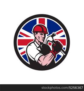 Icon retro style illustration of a British handyman, builder, carpenter or construction worker holding hammer with United Kingdom UK, Great Britain Union Jack flag set inside circle.. British Handyman Union Jack Flag Icon