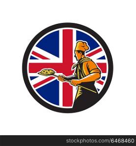 Icon retro style illustration of a British pizza baker chef holding peel viewed from side with United Kingdom UK, Great Britain Union Jack flag set inside circle on isolated background.. British Pizza Baker Union Jack Flag Icon