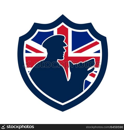 Icon retro style illustration of a British police canine team showing a policeman and police dog silhouette with United Kingdom UK, Great Britain Union Jack flag set inside circle isolated background.. British Police Canine Team Crest Icon