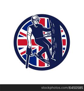 Icon retro style illustration of a British tree surgeon, arborist, tree surgeon, arboriculturist, holding chainsaw up tree branch with United Kingdom UK, Great Britain Union Jack flag inside circle.. British Arborist Union Jack Flag Icon