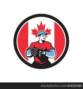 Icon retro style illustration of a Canadian baseball pitcher or catcher wearing mitts with Canada maple leaf flag set inside circle on isolated background.. Canadian Baseball Pitcher Canada Flag Icon