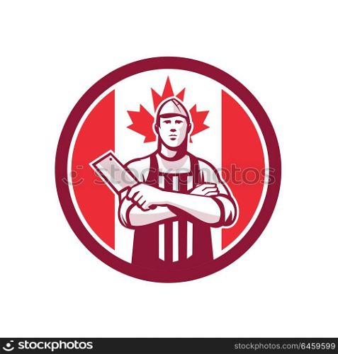 Icon retro style illustration of a Canadian butcher arms crossed holding a meat cleaver viewed from front with Canada maple leaf flag set inside circle on isolated background.. Canadian Butcher Front Canada Flag Icon