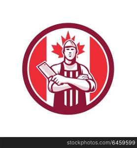 Icon retro style illustration of a Canadian butcher arms crossed holding a meat cleaver viewed from front with Canada maple leaf flag set inside circle on isolated background.. Canadian Butcher Front Canada Flag Icon