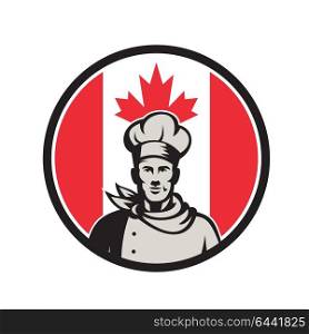 Icon retro style illustration of a Canadian chef, baker or cook viewed from from front waist up with Canada maple leaf flag set inside circle on isolated background.. Canadian Chef Baker Canada Flag Icon