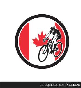 Icon retro style illustration of a Canadian cyclist cycling riding road bike with Canada maple leaf flag set inside circle on isolated background.. Canadian Cyclist Cycling Canada Flag Icon