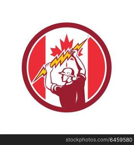 Icon retro style illustration of a Canadian electrician or power lineman holding lightning bolt with Canada maple leaf flag set inside circle on isolated background.. Canadian Electrician Lighting Bolt Canada Flag Icon