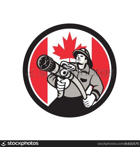 Icon retro style illustration of a Canadian firefighter or fireman holding a fire hose front view with Canada maple leaf flag set inside circle on isolated background.. Canadian Fireman Canada Flag Icon