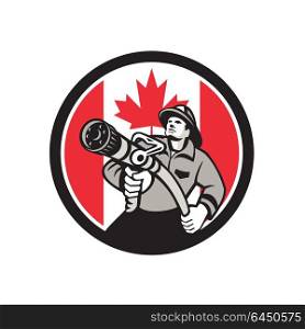 Icon retro style illustration of a Canadian firefighter or fireman holding a fire hose front view with Canada maple leaf flag set inside circle on isolated background.. Canadian Fireman Canada Flag Icon