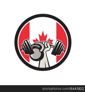 Icon retro style illustration of a Canadian hand lifting a barbell and kettlebell with Canada maple leaf flag set inside circle on isolated background.. Hand Lifting Barbell Kettlebell Canada Flag
