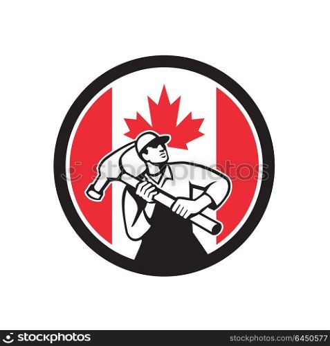 Icon retro style illustration of a Canadian handyman, carpenter, builder, joiner, construction worker holding a hammer with Canada maple leaf flag set inside circle on isolated background.. Canadian Handyman Canada Flag Icon