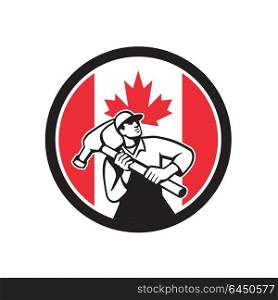 Icon retro style illustration of a Canadian handyman, carpenter, builder, joiner, construction worker holding a hammer with Canada maple leaf flag set inside circle on isolated background.. Canadian Handyman Canada Flag Icon