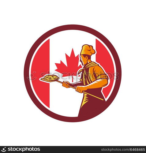 Icon retro style illustration of a Canadian pizza baker chef holding peel viewed from side with Canada maple leaf flag set inside circle on isolated background.. Canadian Pizza Baker Canada Flag Icon