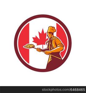 Icon retro style illustration of a Canadian pizza baker chef holding peel viewed from side with Canada maple leaf flag set inside circle on isolated background.. Canadian Pizza Baker Canada Flag Icon