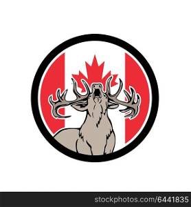 Icon retro style illustration of a Canadian stag deer roaring viewed from front with Canada maple leaf flag set inside circle on isolated background.. Canadian Stag Deer Canada Flag Icon