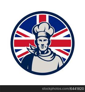 Icon retro style illustration of a male British baker, chef or cook from waist up viewed from front with United Kingdom UK, Great Britain Union Jack flag set inside circle on isolated background.. British Baker Chef Union Jack Flag Icon