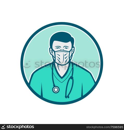 Icon retro style illustration of a male physician, health professional or nurse wearing a surgical mask and stethoscope viewed from front set inside circle on isolated background.. Male Nurse Wearing Surgical Mask Icon
