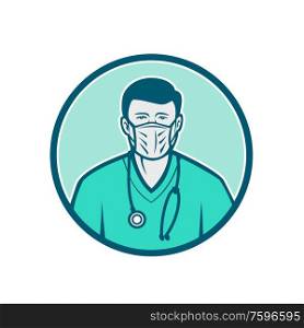 Icon retro style illustration of a male physician, health professional or nurse wearing a surgical mask and stethoscope viewed from front set inside circle on isolated background.. Male Nurse Wearing Surgical Mask Icon