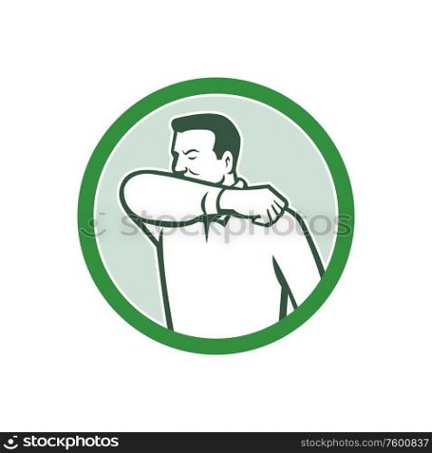 Icon retro style illustration of a man sneezing or coughing into crook of elbow to prevent the fluids and virus infection from spreading set inside circle on isolated white background.. Sneezing or Coughing Into Elbow Icon Circle Retro