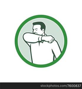 Icon retro style illustration of a man sneezing or coughing into crook of elbow to prevent the fluids and virus infection from spreading set inside circle on isolated white background.. Sneezing or Coughing Into Elbow Icon Circle Retro