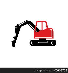 Icon retro style illustration of a mechanical digger or excavator digging excavating viewed from side on isolated background.. Mechanical Excavator Digger Retro Icon