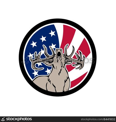 Icon retro style illustration of a North American deer roaring front view with United States of America USA star spangled banner or stars and stripes flag inside circle isolated background.. North American Deer USA Flag Icon