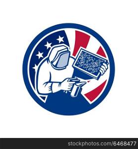 Icon retro style illustration of American beekeeper, honey farmer, apiarist, apiculturist, holding beehive with United States of America USA star spangled banner stars and stripes flag inside circle.. American Beekeeper USA Flag Icon