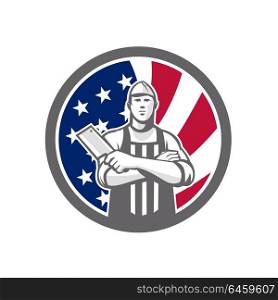 Icon retro style illustration of American butcher arms crossed holding a meat cleaver viewed from front with United States of America USA star spangled banner or stars and stripes flag inside circle.. American Butcher Front USA Flag Icon