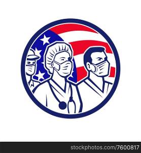 Icon retro style illustration of American healthcare provider, medical care worker, nurse or doctor as heroes wearing surgical mask with United States of America USA flag circle on white background.. American Healthcare Worker Heroes USA Flag Icon