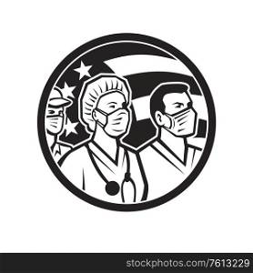 Icon retro style illustration of American healthcare provider, medical care worker, nurse or doctor as heroes wearing surgical mask with United States of America flag done in black and white.. Healthcare Workers as Heroes USA Flag Black and White