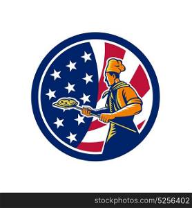 Icon retro style illustration of American pizza baker chef holding peel viewed from side with United States of America USA star spangled banner or stars stripes flag inside circle isolated background.. American Pizza Baker USA Flag Icon