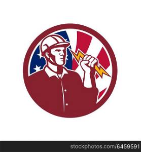 Icon retro style illustration of American Power Lineman or electrician holding a lightning bolt with United States of America USA star spangled banner or stars and stripes flag inside circle.. American Lineman USA Flag Icon