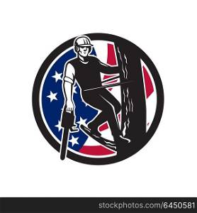 Icon retro style illustration of American tree surgeon, arborist, tree surgeon, arboriculturist, holding chainsaw United States of America USA star spangled banner stars and stripes flag in circle.. American Tree Surgeon USA Flag Icon