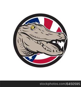 Icon retro style illustration of an American alligator, crocodilian of the family Alligatoridae with United States of America USA star spangled banner or stars and stripes flag inside circle.. American Alligator USA Flag Icon