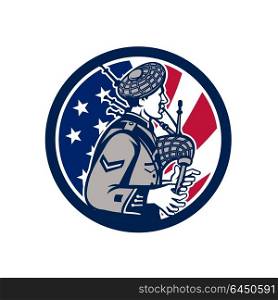 Icon retro style illustration of an American bagpiper playing the Scottish Great Highland bagpipes with United States of America USA star spangled banner or stars and stripes flag inside circle.. American Bagpiper USA Flag Icon