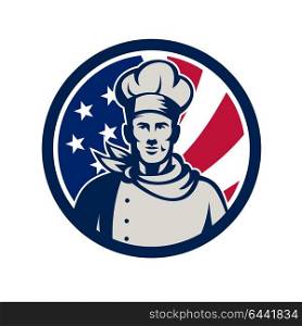 Icon retro style illustration of an American baker, chef or cook fron view with United States of America USA star spangled banner or stars and stripes flag inside circle isolated background.. American Baker Chef USA Flag Icon