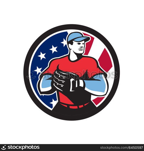 Icon retro style illustration of an American baseball pitcher or catcher wearing mitts with United States of America USA star spangled banner or stars and stripes flag inside circle isolated background.. American Baseball Pitcher USA Flag Icon