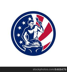 Icon retro style illustration of an American blacksmith or farrier holding hammer and anvil United States of America USA star spangled banner or stars and stripes flag circle isolated background.. American Farrier USA Flag Icon