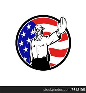 Icon retro style illustration of an American border security patrol officer wearing face mask putting hand out to stop entry set in circle with USA stars and stripes flag on isolated white background.. American Border Patrol Officer Wearing Face Mask Stop Icon