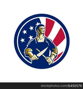 Icon retro style illustration of an American butcher sharpening knife viewed from front with United States of America USA star spangled banner or stars and stripes flag in circle isolated background.. American Butcher USA Flag Icon