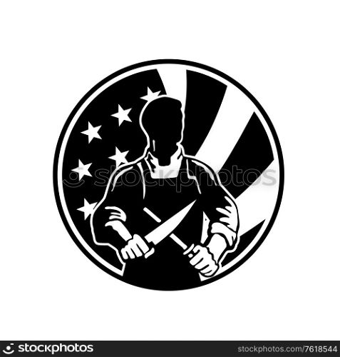 Icon retro style illustration of an American butcher sharpening knife viewed from front with United States of America USA star spangled banner or stars and stripes flag in circle isolated background.. American Butcher Sharpening Knife With USA Flag Circle Retro Black and White
