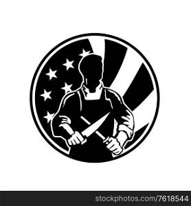 Icon retro style illustration of an American butcher sharpening knife viewed from front with United States of America USA star spangled banner or stars and stripes flag in circle isolated background.. American Butcher Sharpening Knife With USA Flag Circle Retro Black and White