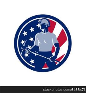 Icon retro style illustration of an American coal miner holding a pick axe viewed from side with United States of America USA star spangled banner or stars and stripes flag inside circle isolated.. American Coal Miner USA Flag Icon