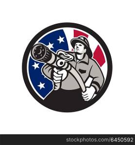 Icon retro style illustration of an American firefighter or fireman holding a fire hose front view with United States of America USA star spangled banner or stars and stripes flag inside circle isolated background.. American Fireman USA Flag Icon