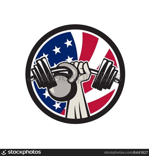Icon retro style illustration of an American hand lifting a barbell and kettlebell with United States of America star spangled banner or stars and stripes flag set inside circle isolated background.. American Hand Barbell Kettlebell USA Flag